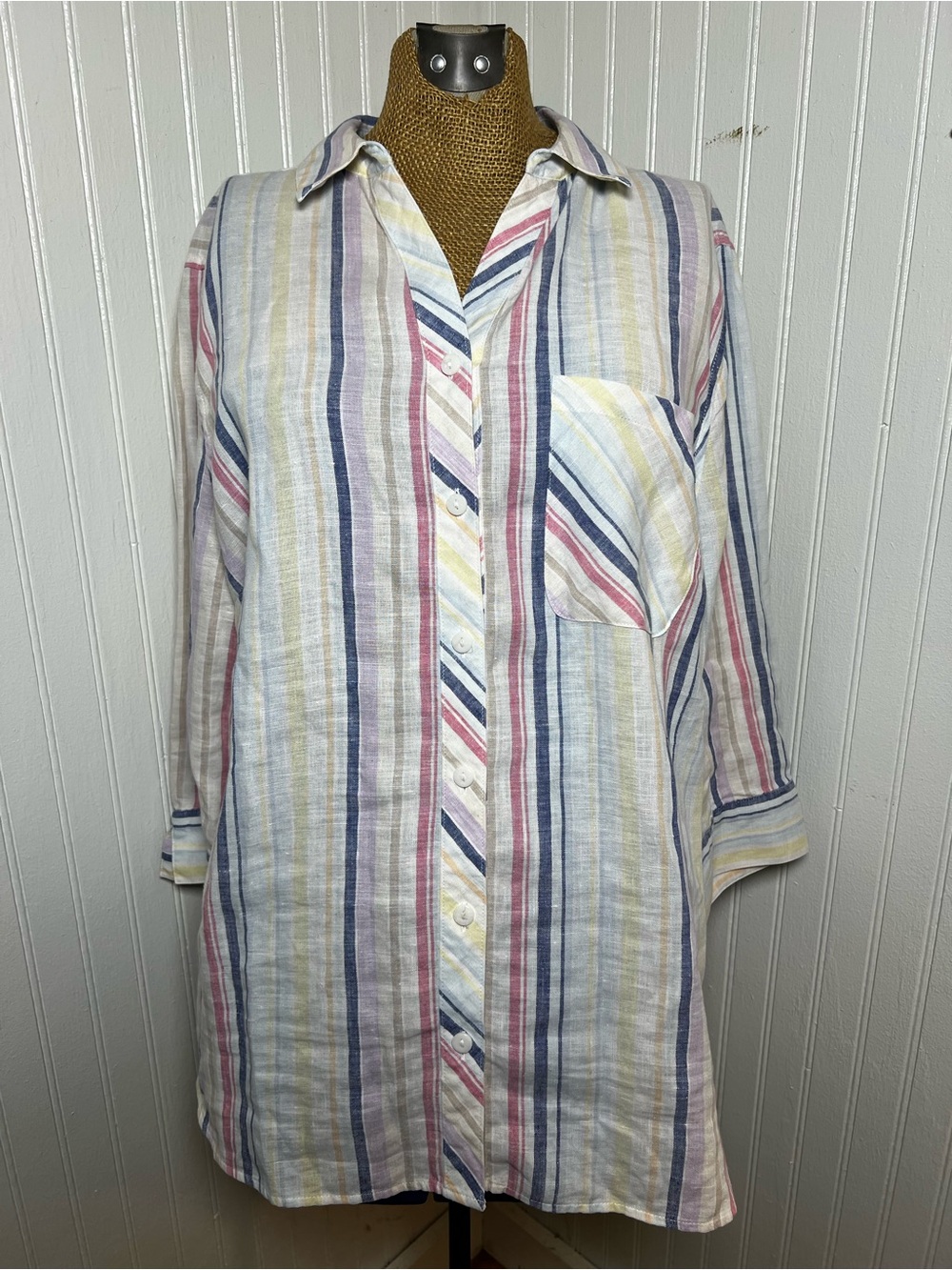 Striped Button-Front Tunic button up in Pastel Stripe